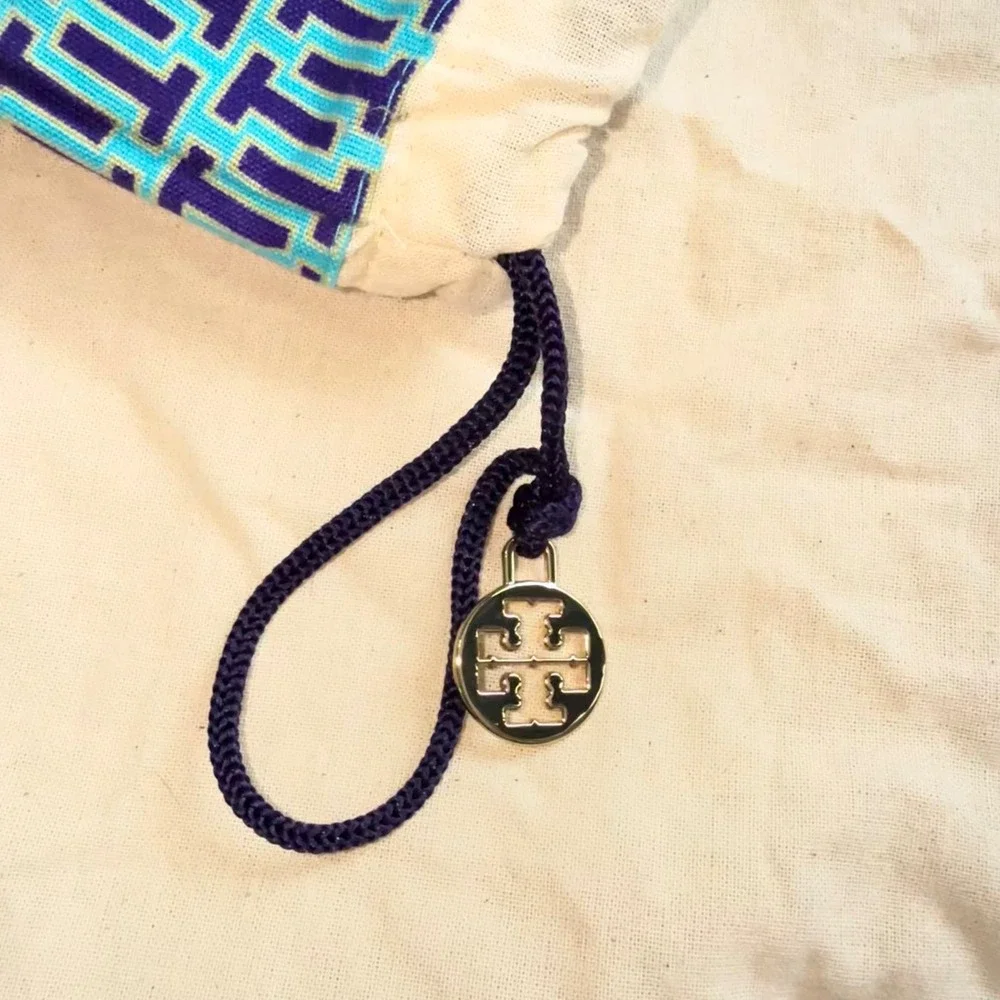 Tory Burch Drawstring Dust‎ Bag Blue Logo Print Beige Canvas